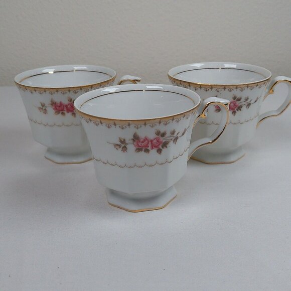 Lot of 3 Harmony House Rosette Fine China White Cup Octagonal Tan Scroll & Band - Picture 2 of 7